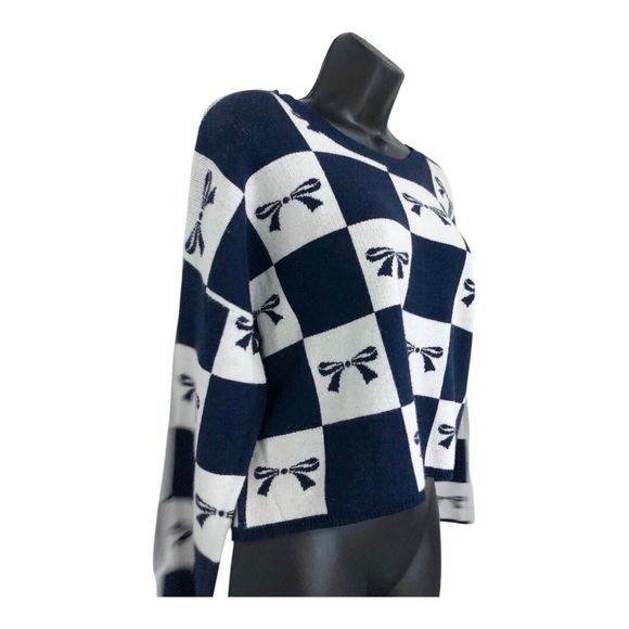 Sincerely Jules navy blue & cream checkerboard look dark blue bow sweater size L - Picture 7 of 9